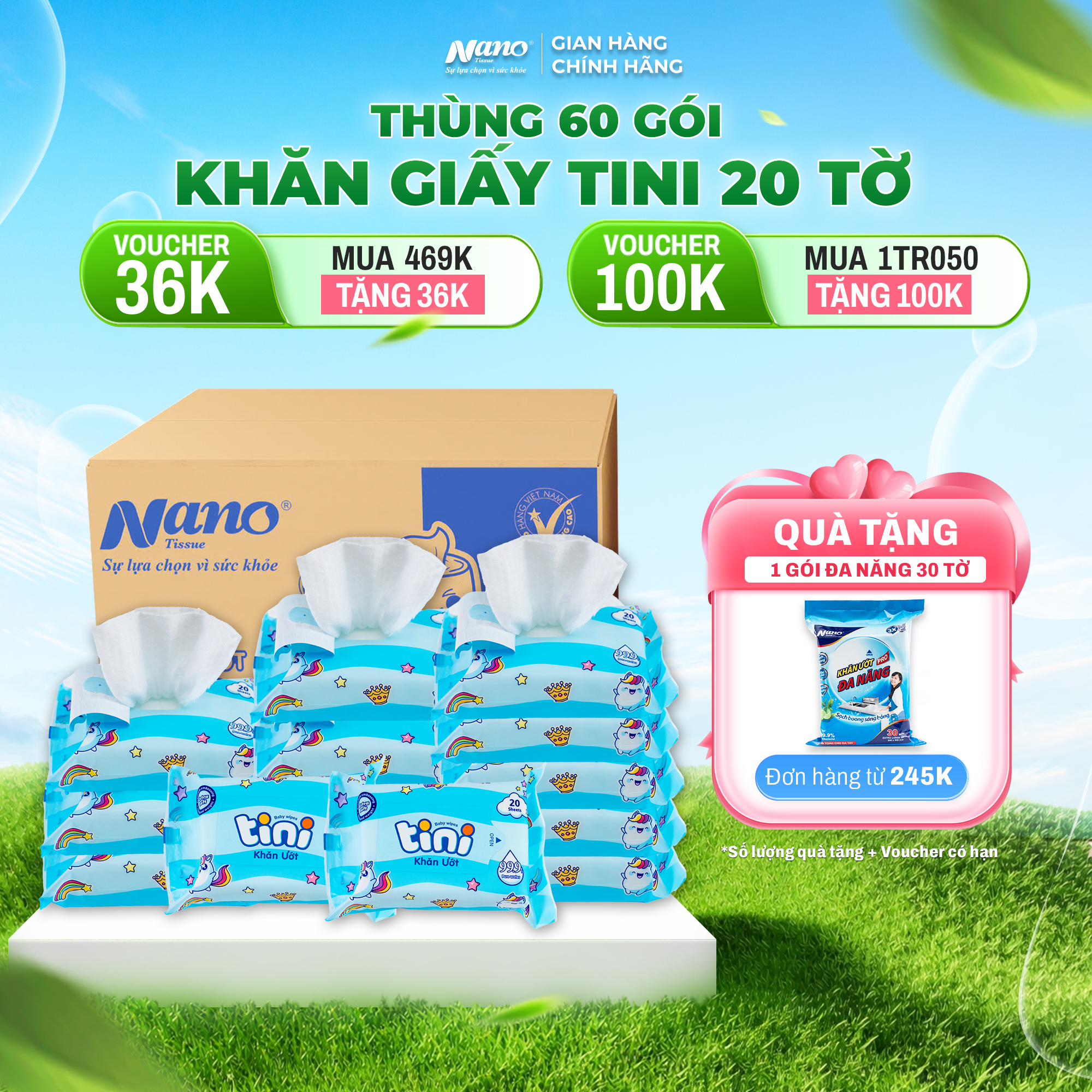 Khăn ướt Tini 20 tờ Màu xanh